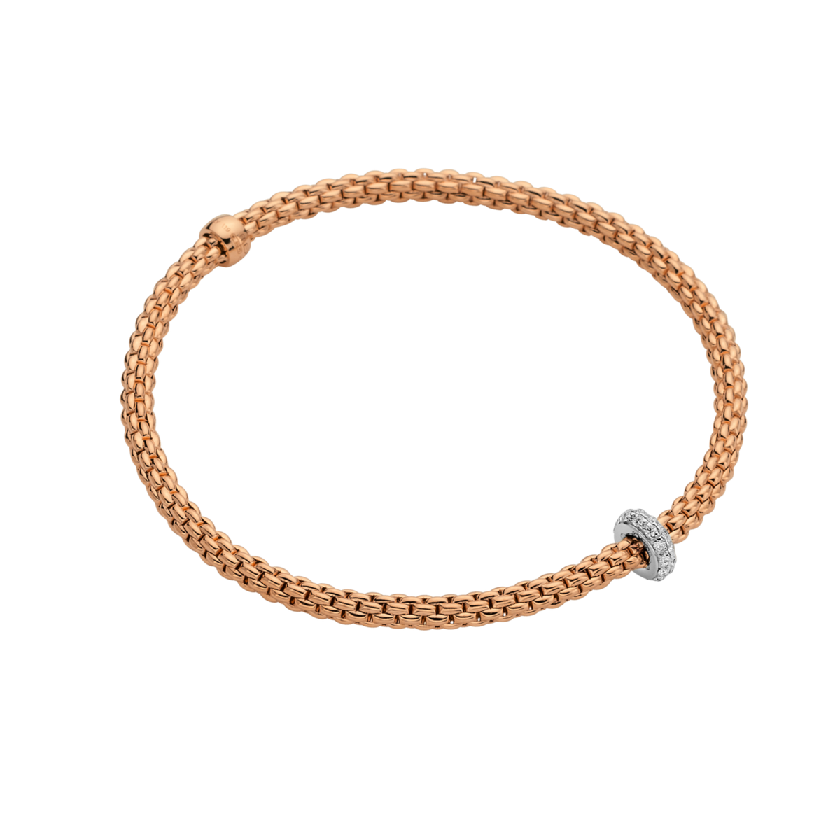 A sparkling 0.18ct diamond-set white gold rondel adds a refined finish to this medium FOPE Prima bracelet, beautifully crafted in 18ct rose gold.