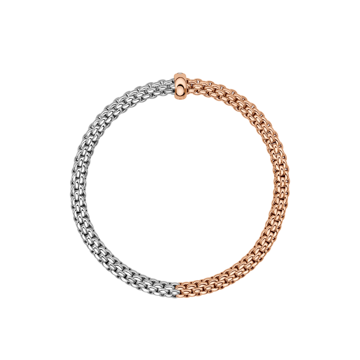Designed with FOPE's innovative Flex'it technology, this medium Solo bracelet combines white and rose gold in a seamless woven mesh for effortless wear.