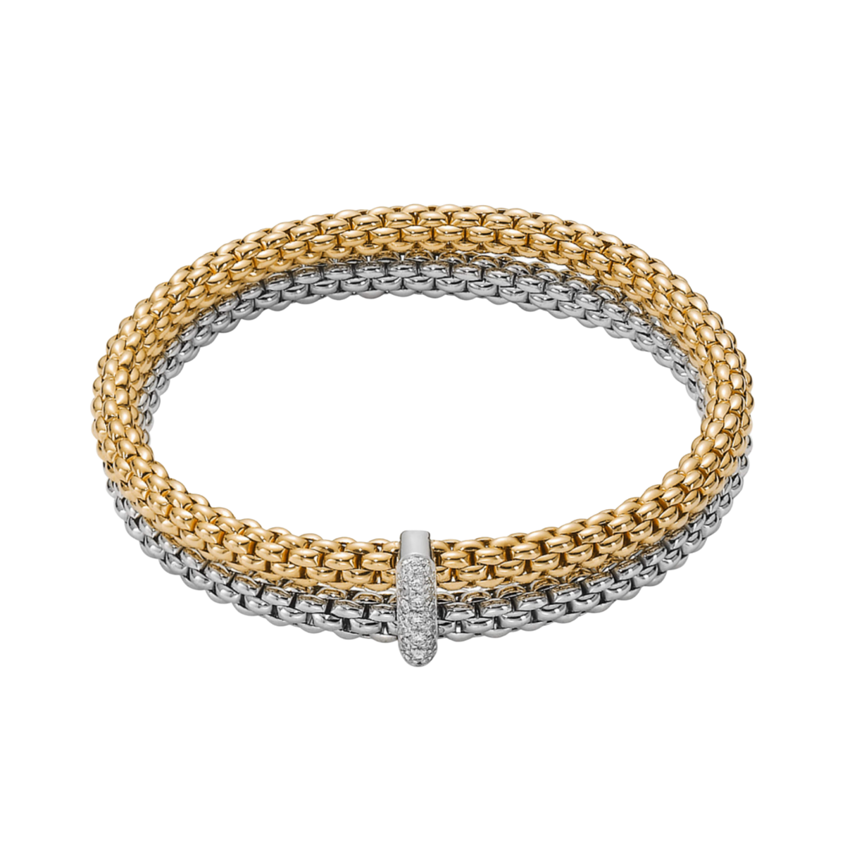 A sparkling 0.10ct diamond-set white gold rondel adds a refined focal point to this medium FOPE Solo bracelet, crafted in a blend of 18ct white and yellow gold.
