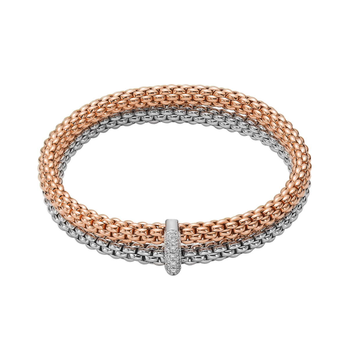 A sparkling 0.10ct diamond-set white gold rondel adds a refined focal point to this medium FOPE Solo bracelet, crafted in a blend of 18ct white and yellow gold.