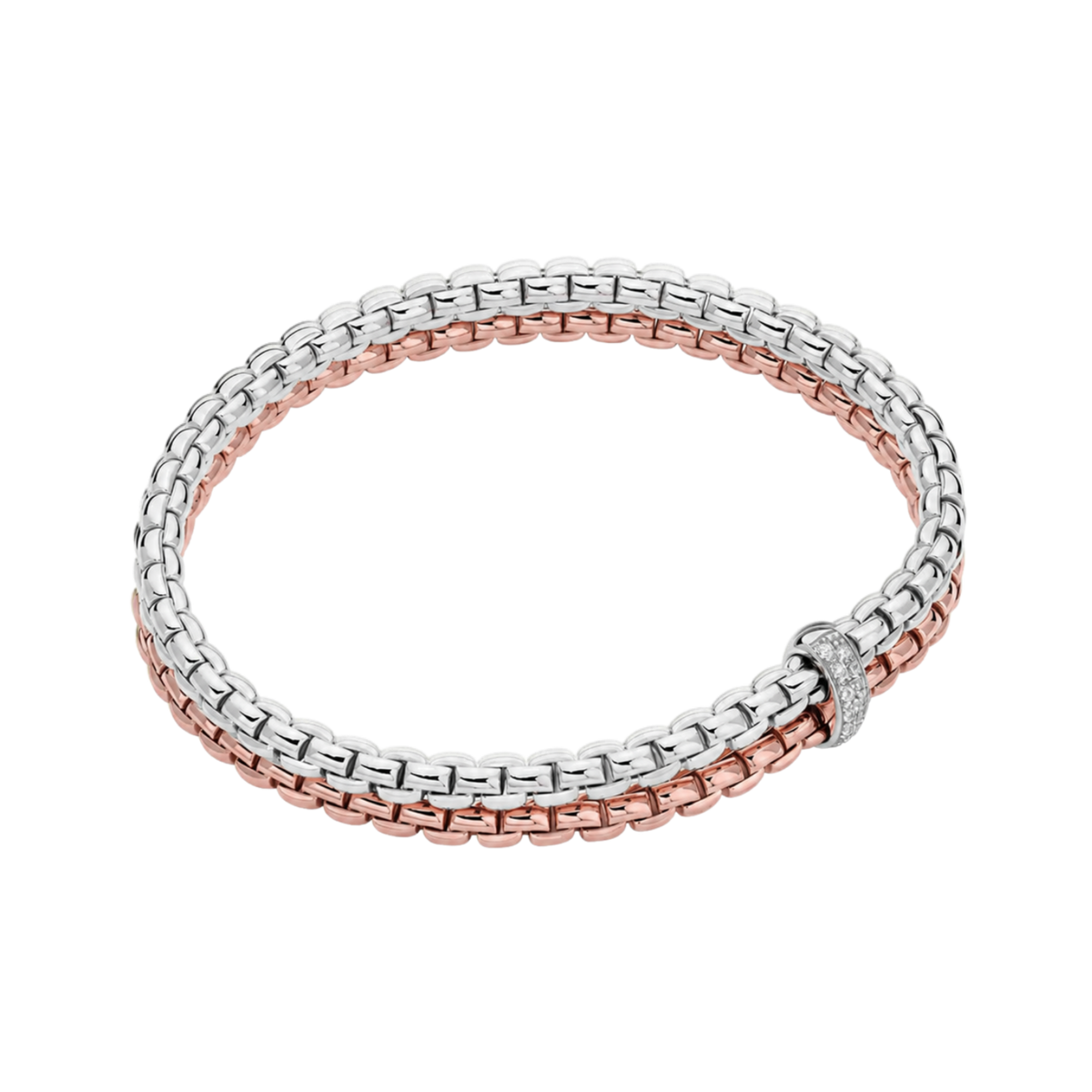 A brilliant 0.10ct diamond-set rondel adds a refined focal point to this medium FOPE Eka bracelet, beautifully crafted in a blend of 18ct white and rose gold.