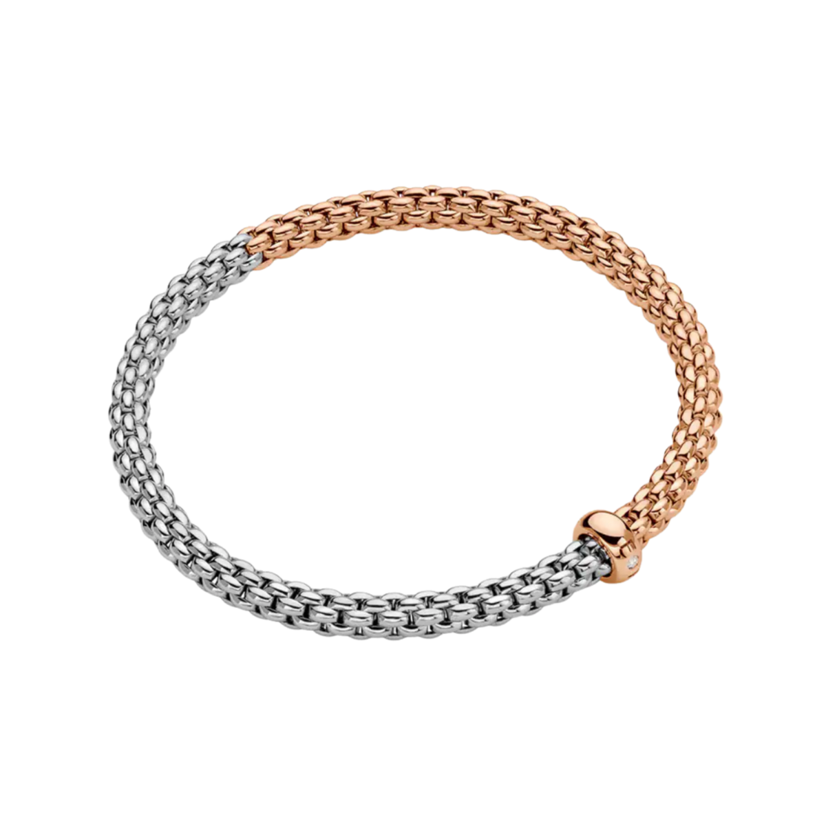 A subtle 0.01ct diamond adds a refined finishing touch to this small FOPE Solo bracelet, crafted in an elegant blend of 18ct white and rose gold.