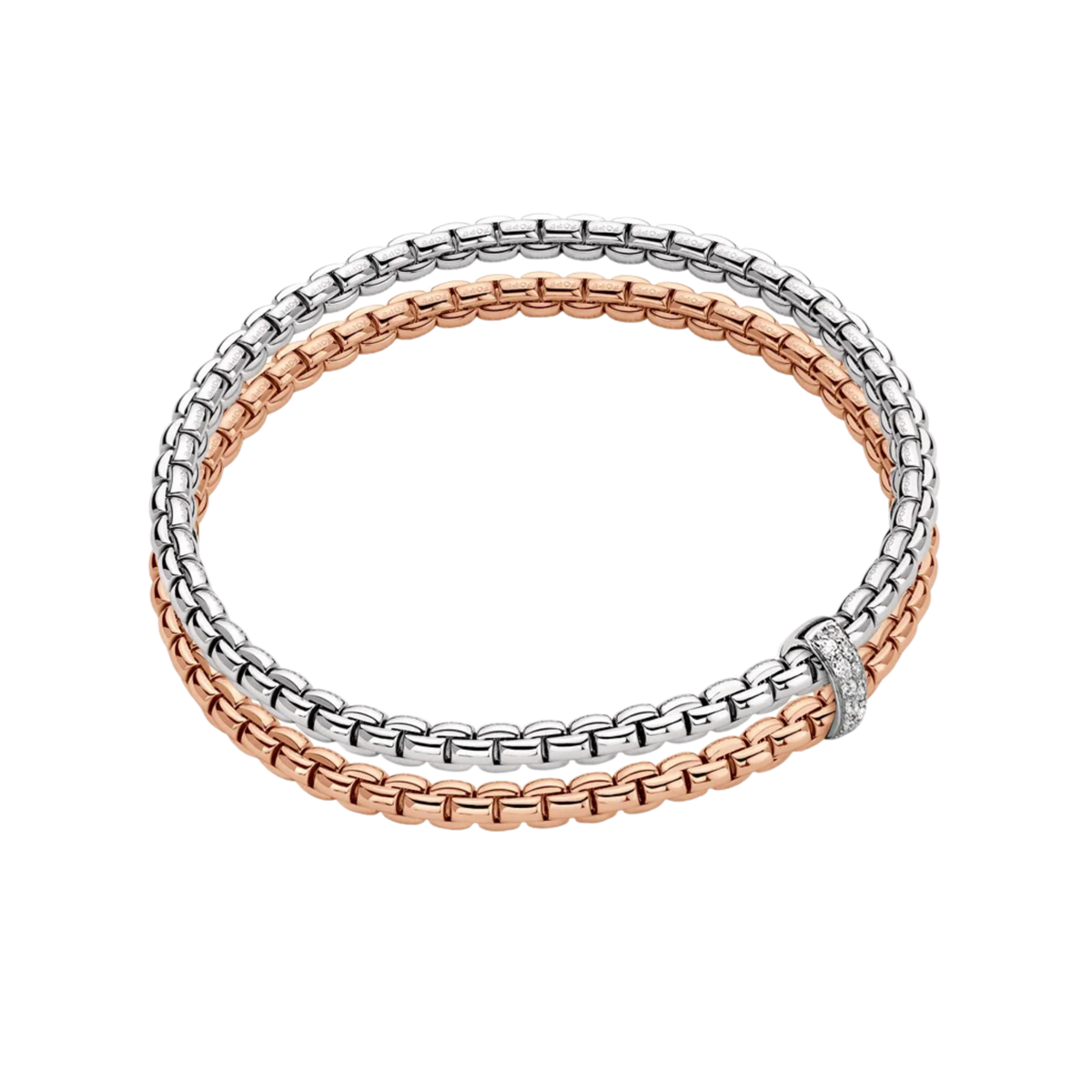 Crafted in 18ct white and rose gold, this small FOPE Eka bracelet blends two precious metals in a sleek bicolour mesh with the signature Flex'it design.