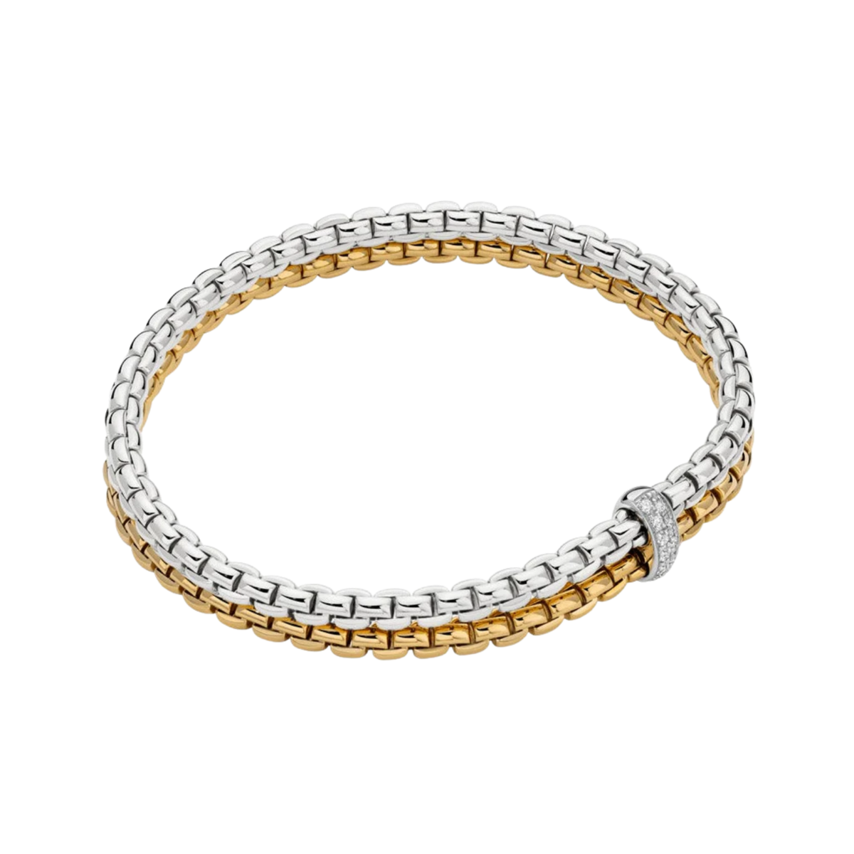 A sparkling 0.10ct diamond-set rondel enhances this small FOPE Eka bracelet, beautifully crafted in a blend of 18ct white and yellow gold.