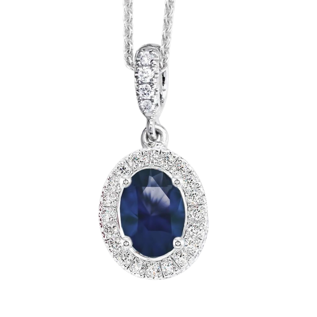 Platinum Fancy Oval Cut Sapphire & Diamond Pendant, featuring a 3.13ct sapphire surrounded by 0.24ct of sparkling diamonds.