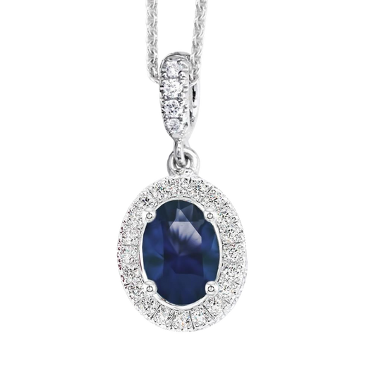 Platinum Fancy Oval Cut Sapphire & Diamond Pendant, featuring a 3.13ct sapphire surrounded by 0.24ct of sparkling diamonds.