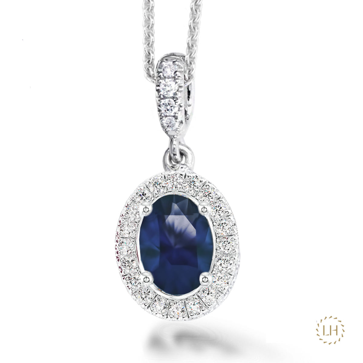 Platinum Fancy Oval Cut Sapphire & Diamond Pendant, featuring a 3.13ct sapphire surrounded by 0.24ct of sparkling diamonds.