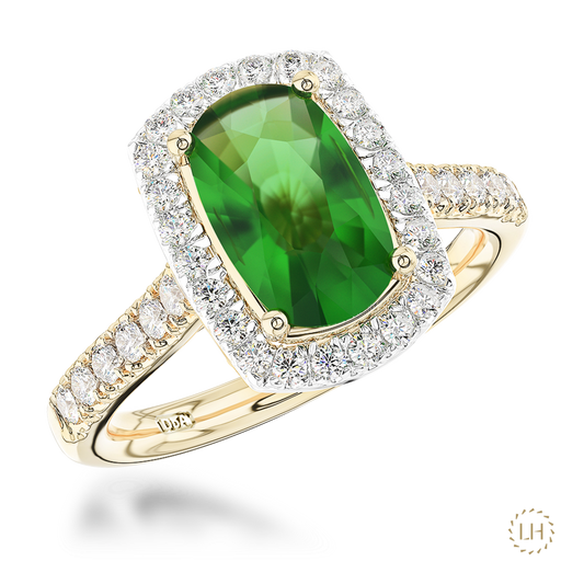 18ct Yellow Gold Chrome Tourmaline & Diamond Cluster Ring On A Transparent Background