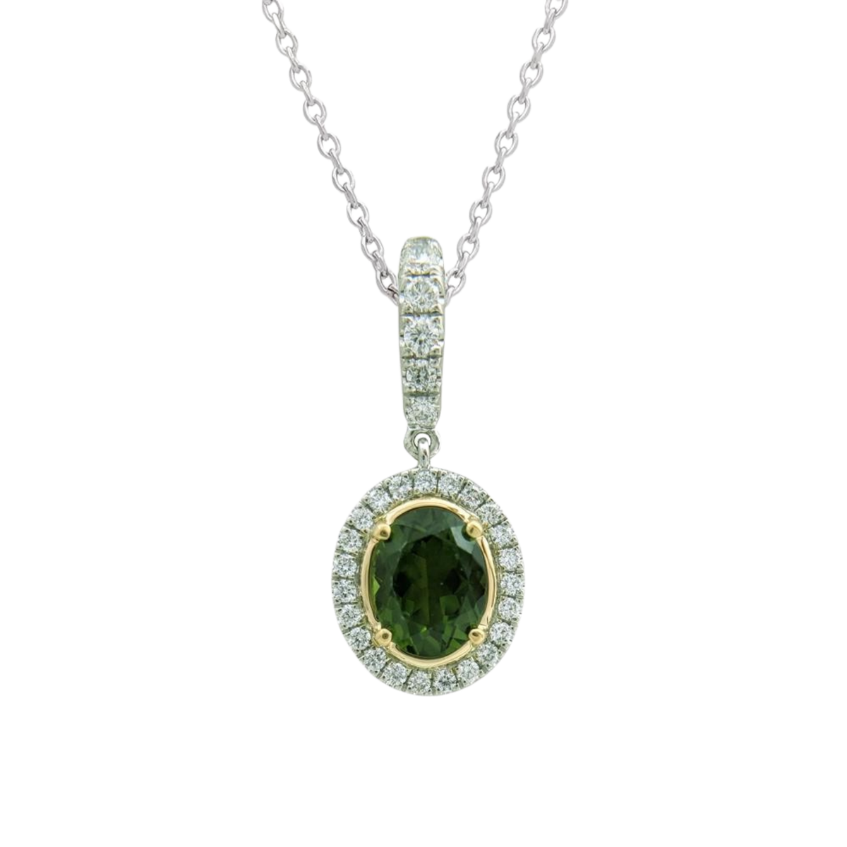 Platinum & Yellow Gold Chrome Tourmaline Diamond Necklace on a Transparent Background