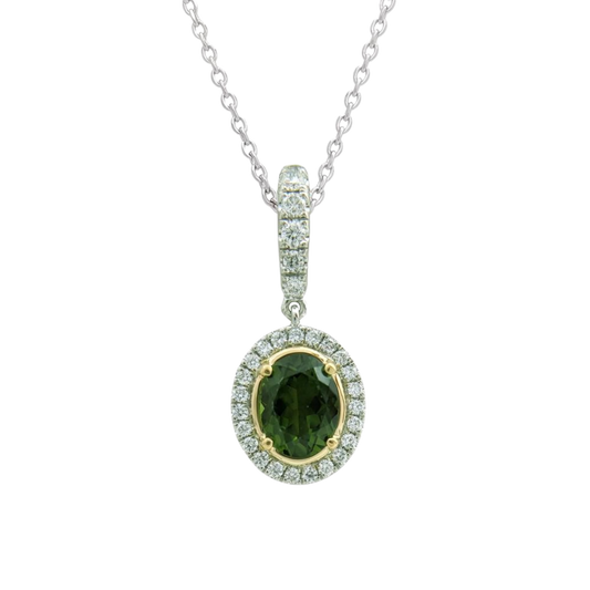Platinum & Yellow Gold Chrome Tourmaline Diamond Necklace on a Transparent Background