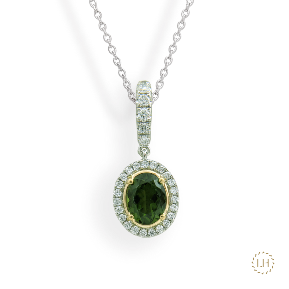 Platinum & Yellow Gold Chrome Tourmaline Diamond Necklace on a Transparent Background