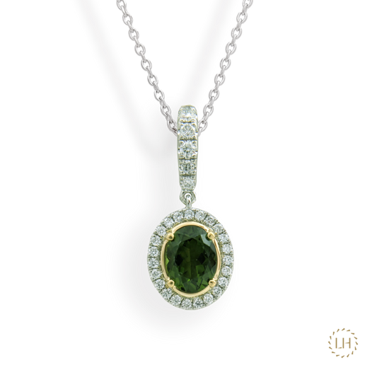 Platinum & Yellow Gold Chrome Tourmaline Diamond Necklace on a Transparent Background