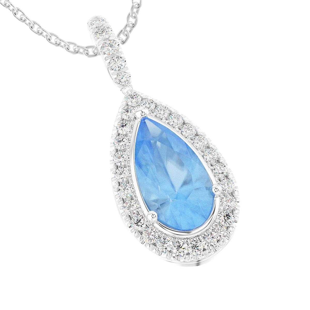 Platinum Pear Cut Aquamarine & Diamond Pendant, featuring a 2.34ct aquamarine surrounded by 0.31ct of sparkling diamonds.
