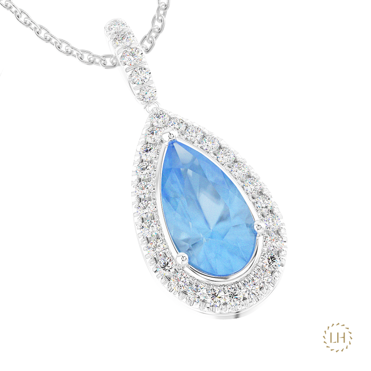 Platinum Pear Cut Aquamarine & Diamond Pendant, featuring a 2.34ct aquamarine surrounded by 0.31ct of sparkling diamonds.