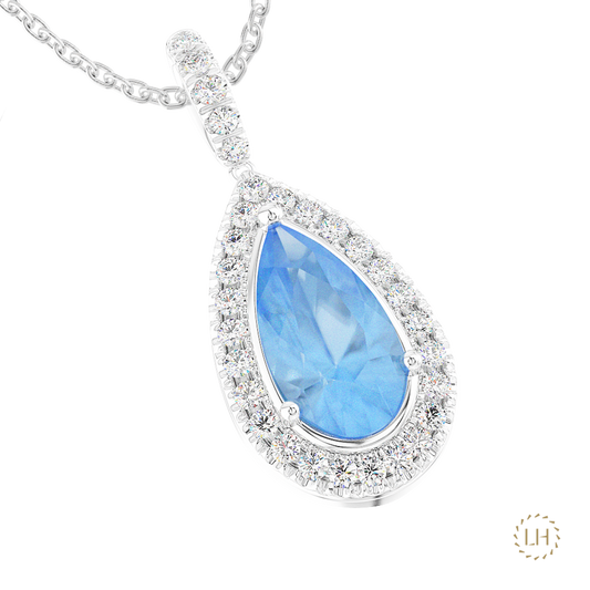 Platinum Pear Cut Aquamarine & Diamond Pendant, featuring a 2.34ct aquamarine surrounded by 0.31ct of sparkling diamonds.