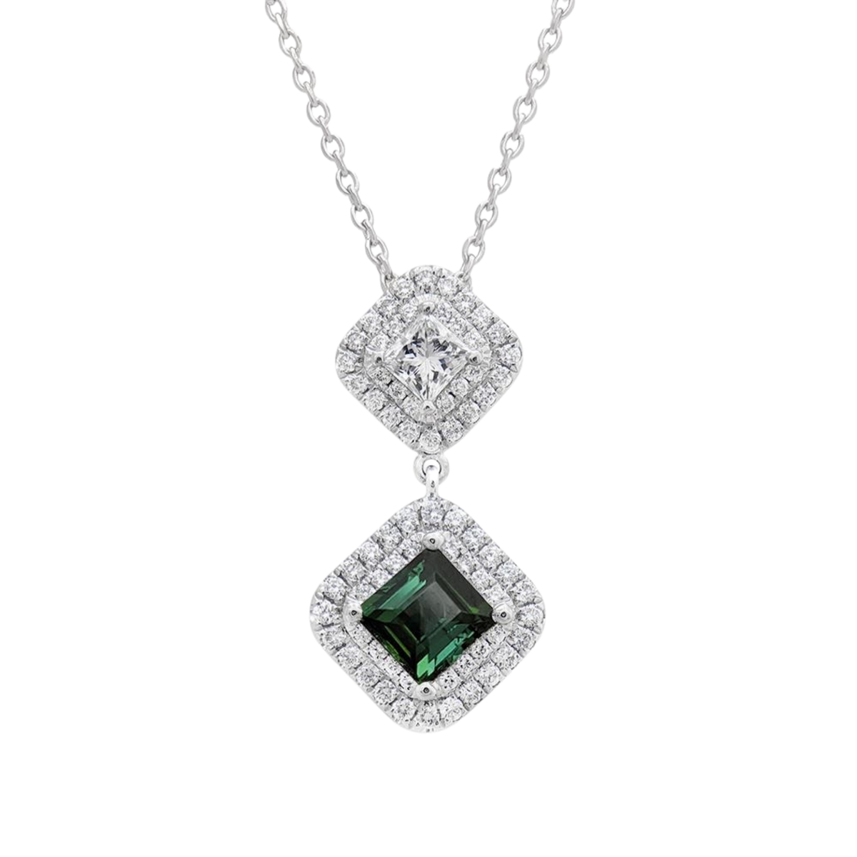 Platinum Teal Sapphire & Diamond Cluster Pendant On a Transparent Background