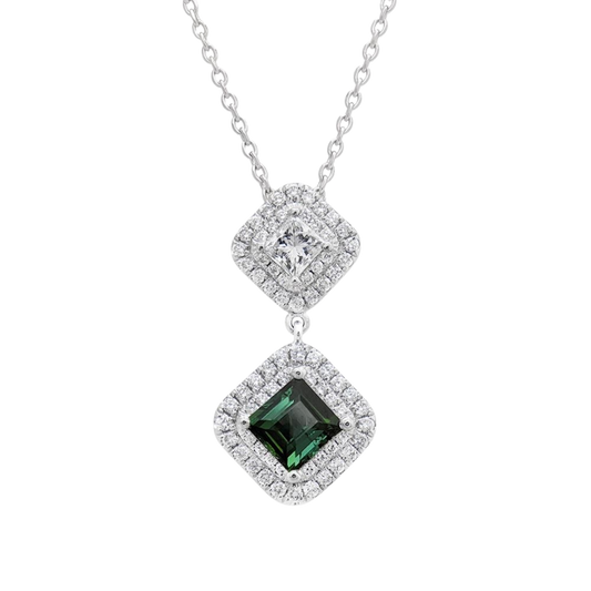 Platinum Teal Sapphire & Diamond Cluster Pendant On a Transparent Background