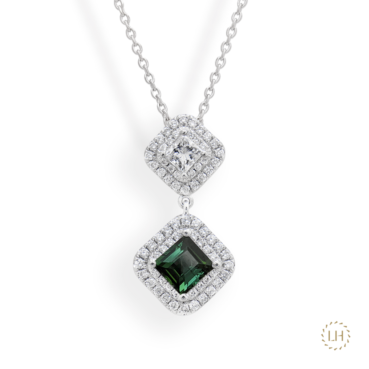 Platinum Teal Sapphire & Diamond Cluster Pendant On a Transparent Background