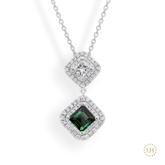 Platinum Teal Sapphire & Diamond Cluster Pendant On a Transparent Background