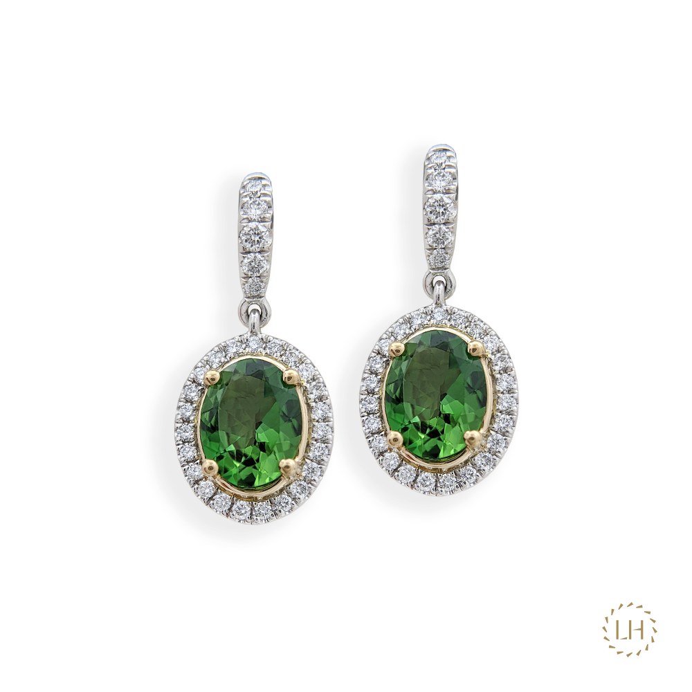 Platinum & Yellow Gold Green Tourmaline Diamond Earrings