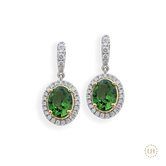 Platinum & Yellow Gold Green Tourmaline Diamond Earrings