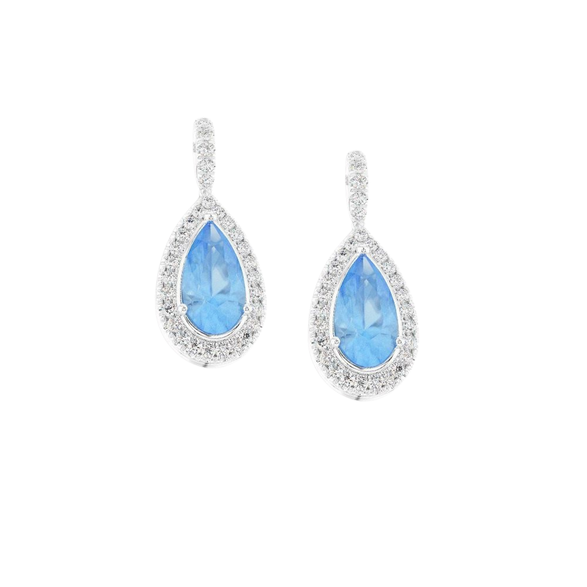 Platinum Pear Cut Aquamarine & Diamond Drop Earrings, featuring 2.08ct of aquamarines surrounded by 0.54ct of sparkling diamonds.