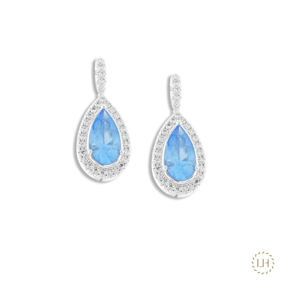Platinum Pear Cut Aquamarine & Diamond Drop Earrings, featuring 2.08ct of aquamarines surrounded by 0.54ct of sparkling diamonds.