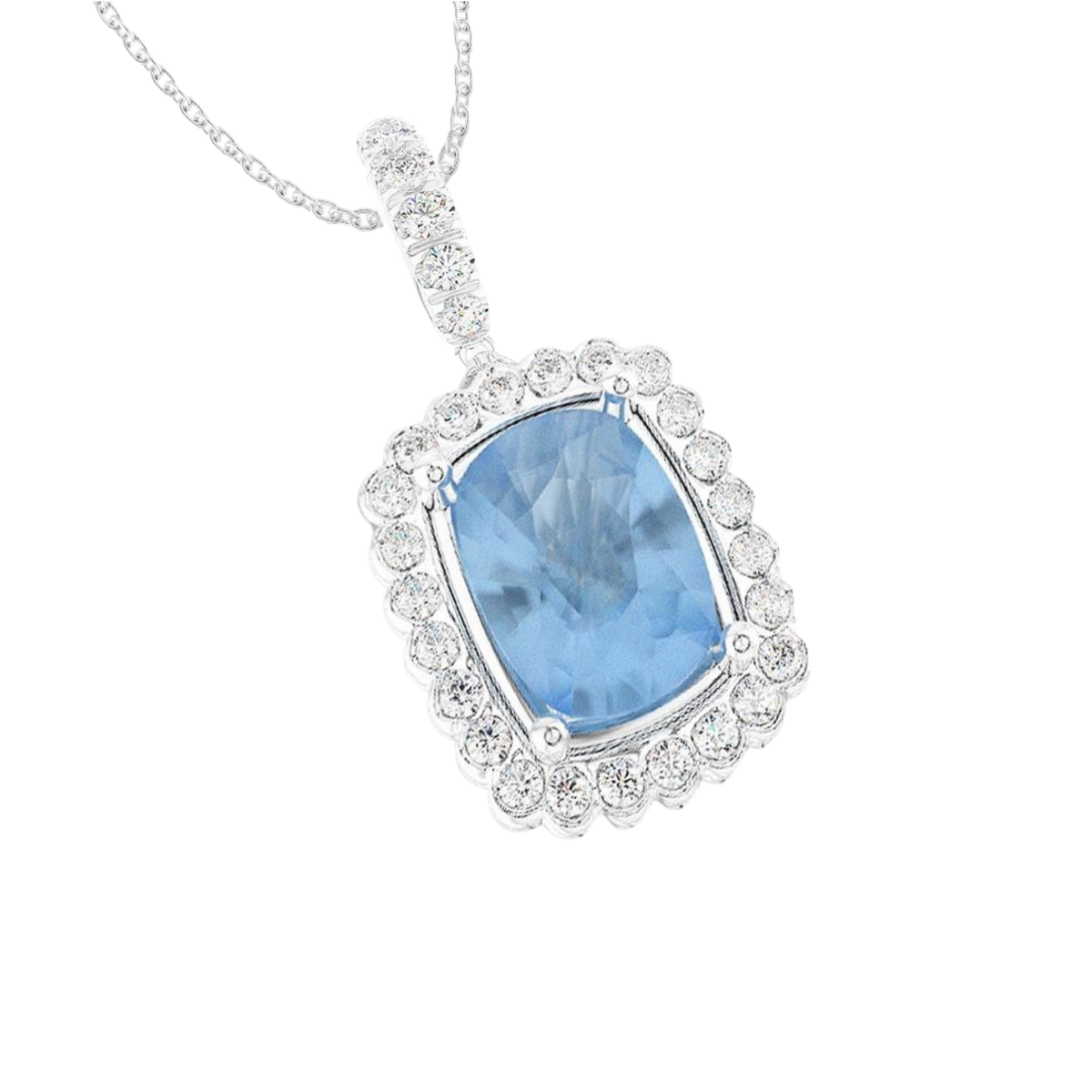 Platinum Cushion Cut Aquamarine & Diamond Pendant, featuring a 2.69ct aquamarine surrounded by 0.36ct of sparkling diamonds.