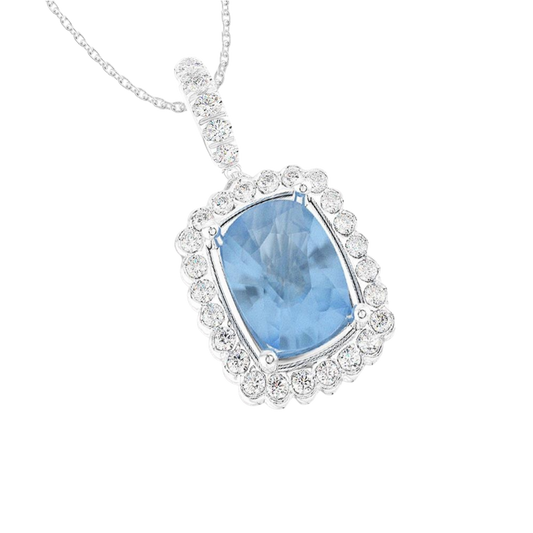 Platinum Cushion Cut Aquamarine & Diamond Pendant, featuring a 2.69ct aquamarine surrounded by 0.36ct of sparkling diamonds.