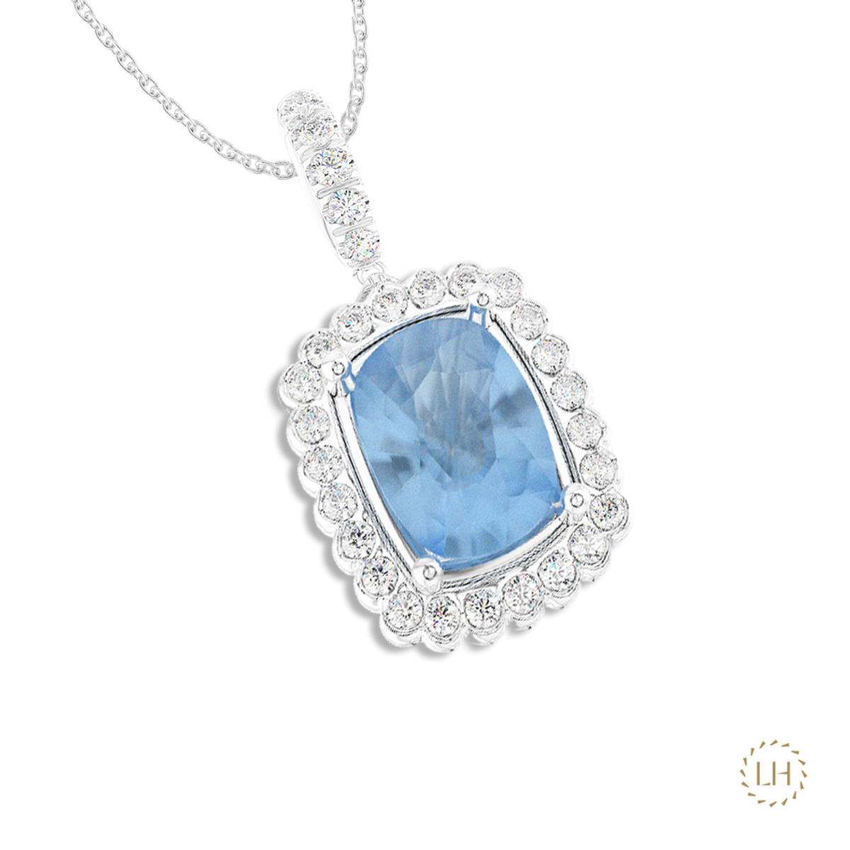 Platinum Cushion Cut Aquamarine & Diamond Pendant, featuring a 2.69ct aquamarine surrounded by 0.36ct of sparkling diamonds.
