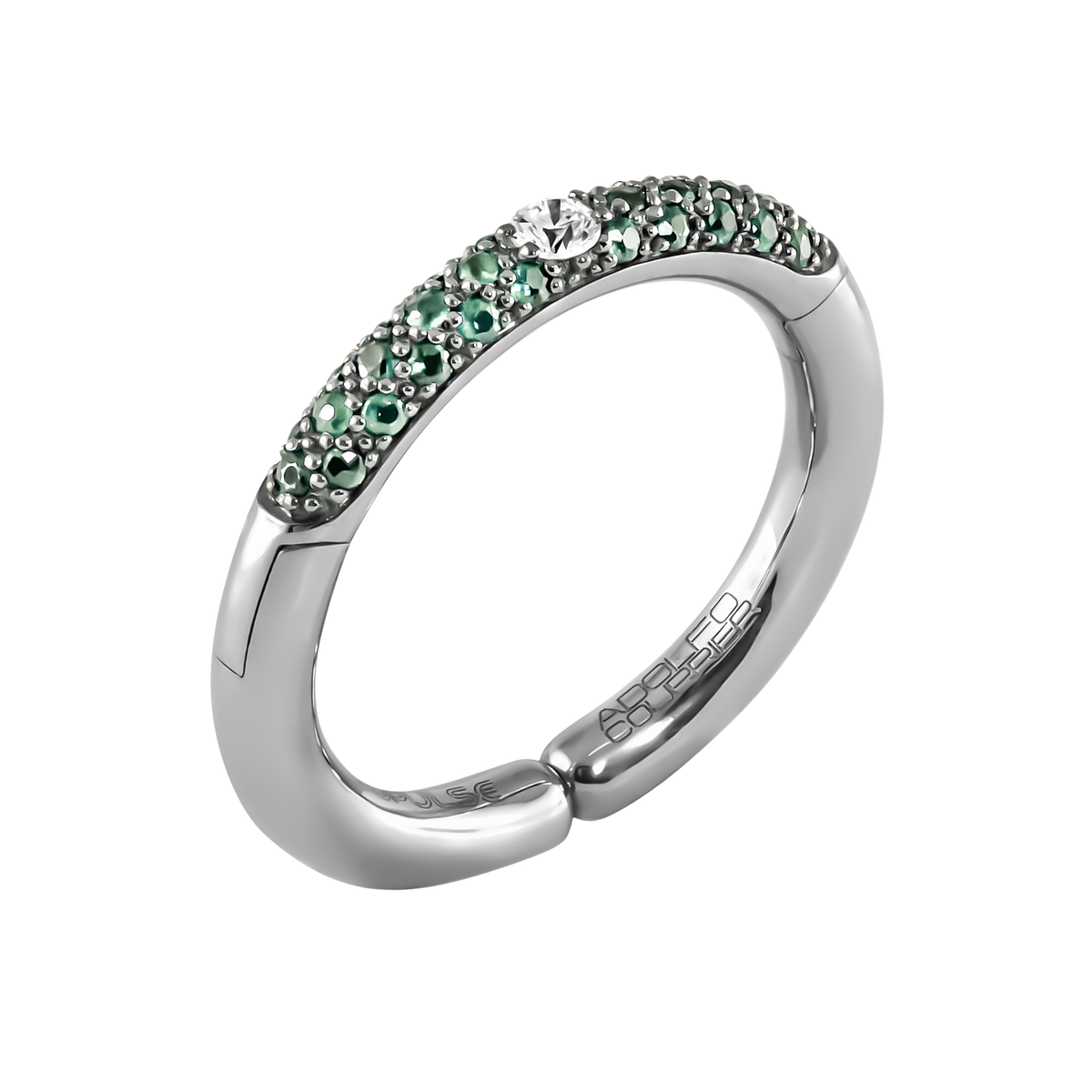 Crafted in 18ct white gold, this Populse Aqua half eternity ring features 0.09ct of diamonds and 0.35ct of vibrant green sapphires.