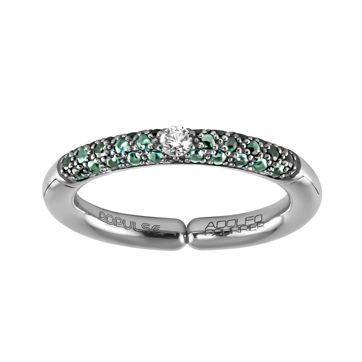 A stunning 18ct white gold ring with sparkling diamonds, green sapphires, and an adjustable size 53 fit that expands up to four sizes.