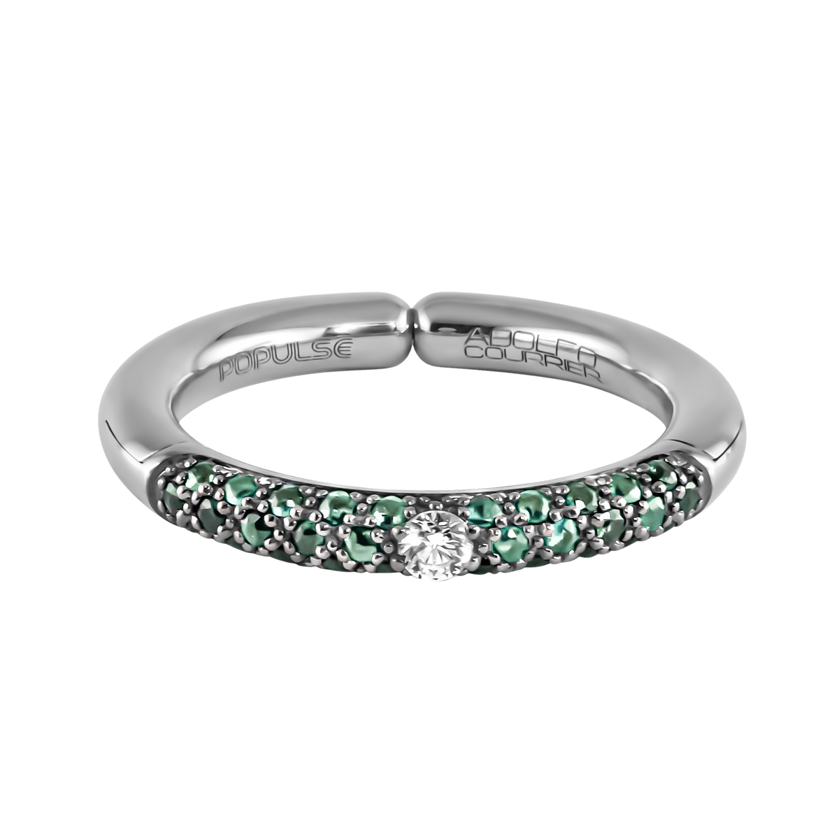 The Populse Aqua ring combines brilliant diamonds with vivid green sapphires in a modern half eternity design, crafted in 18ct white gold.