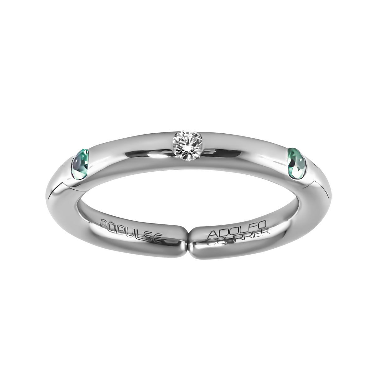A contemporary 18ct white gold design showcasing a central brilliant diamond with two vibrant green sapphires, elegantly spaced within the ring.