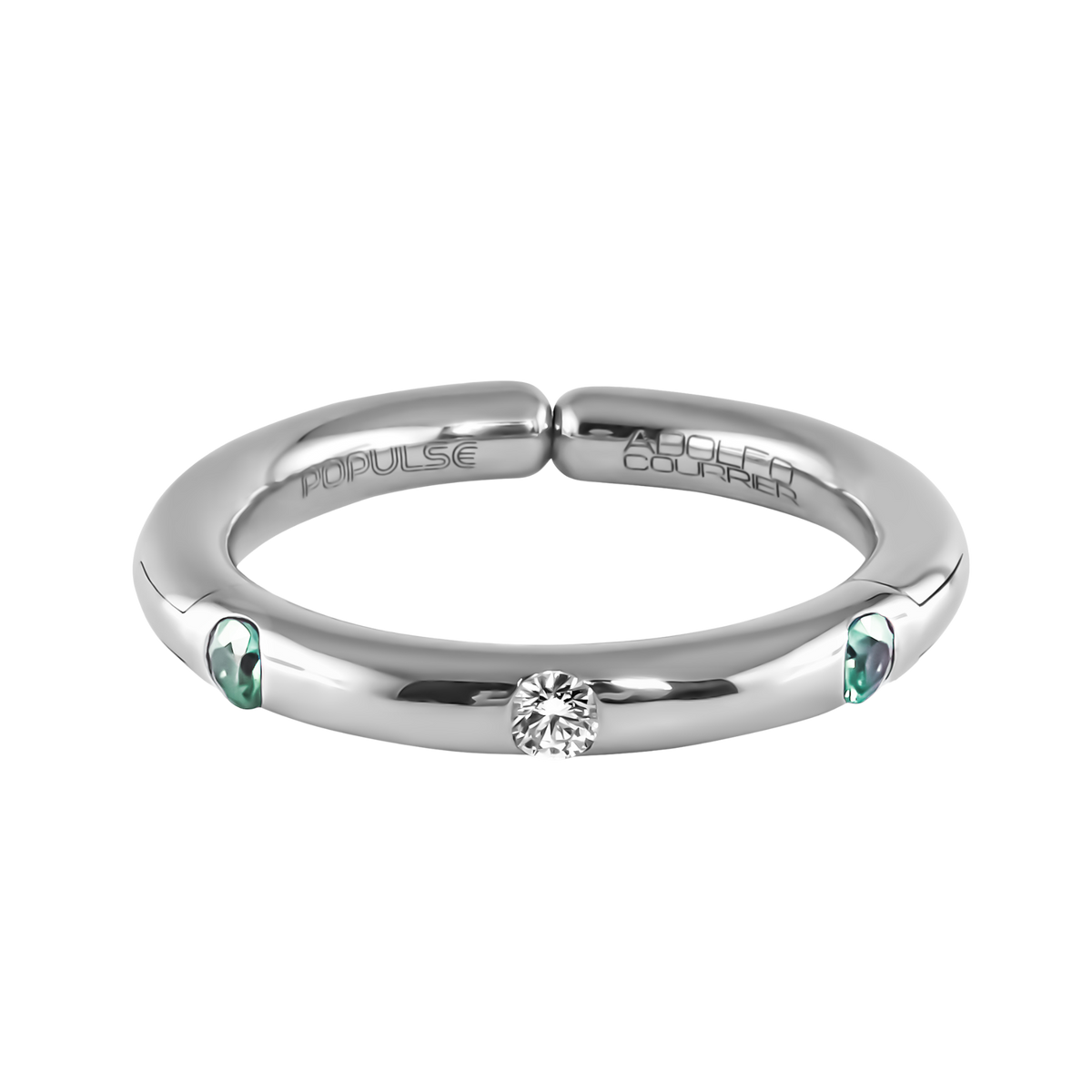 This Populse Aqua ring combines a sparkling 0.08ct diamond with two round green sapphires, beautifully set into the 18ct white gold band.