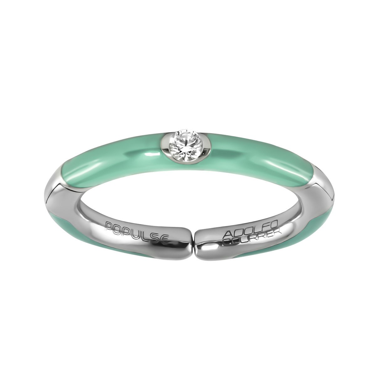 A contemporary 18ct white gold ring with sparkling 0.08ct diamonds and striking aqua enamel, designed to adjust up to four sizes for added versatility.