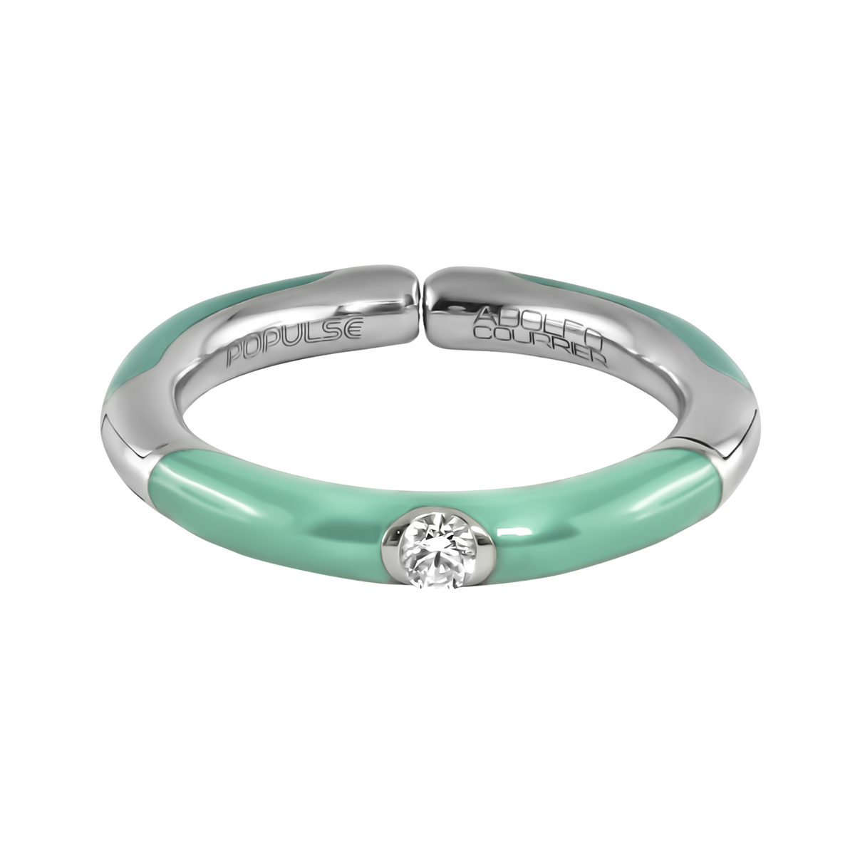 From the Populse Aqua Collection, this elegant ring combines 18ct white gold, 0.08ct diamonds, and refreshing aqua enamel in a modern design.