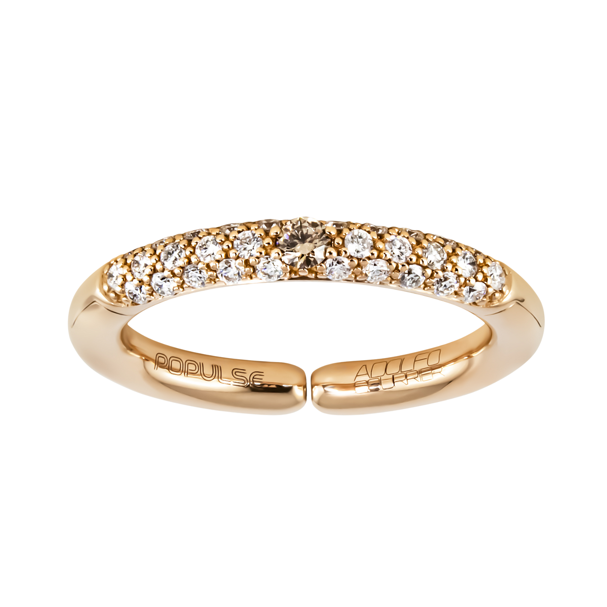 Inspired by the rich hues of cappuccino, this adjustable half eternity ring pairs 0.29ct of brilliant round diamonds with a 0.06ct brown diamonds in luxurious 18ct yellow gold.