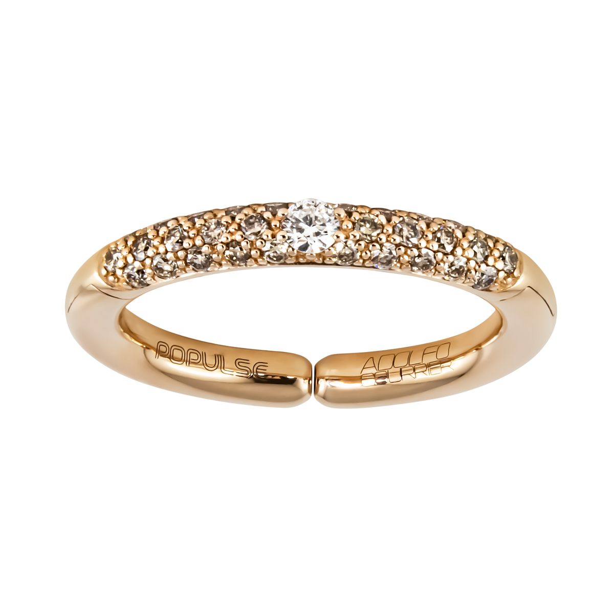 Crafted in 18ct yellow gold, this adjustable half eternity ring showcases radiant white diamonds as its focal point, accented with rich brown diamonds for a subtle contrast.