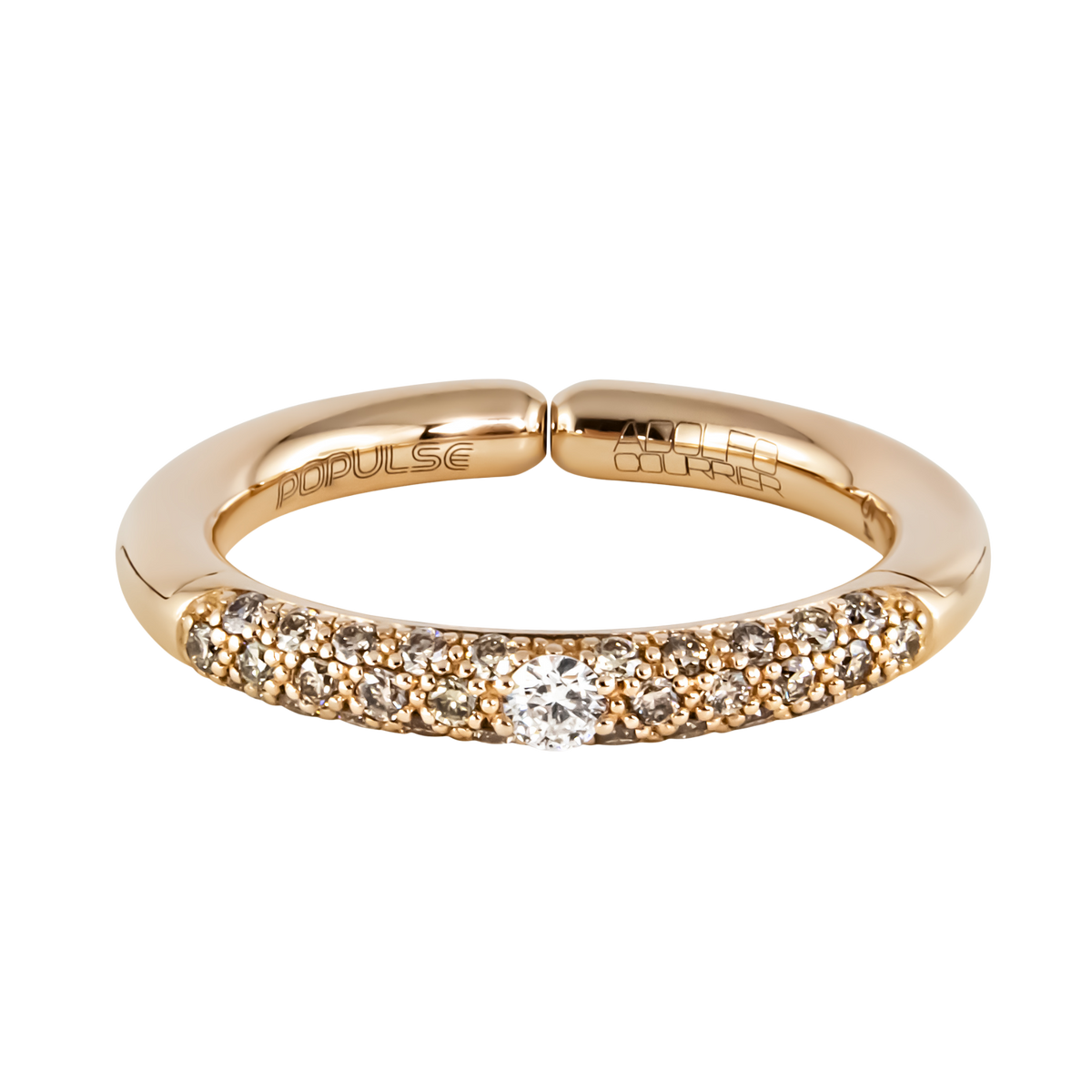 The Populse Cappuccino collection celebrates refined colour contrasts, pairing sparkling white diamonds with warm brown diamond accents in a timeless half eternity design.