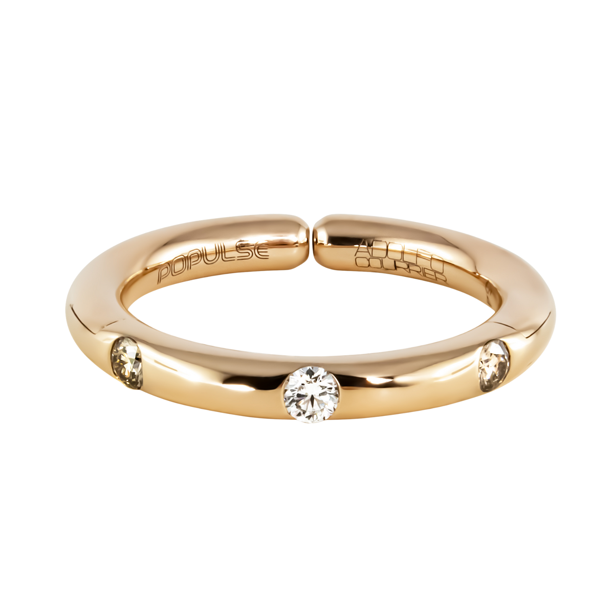 Elegant and contemporary, this adjustable size 53 ring pairs a sparkling 0.11ct white diamond with two brown diamonds, creating a beautifully balanced design within the band.
