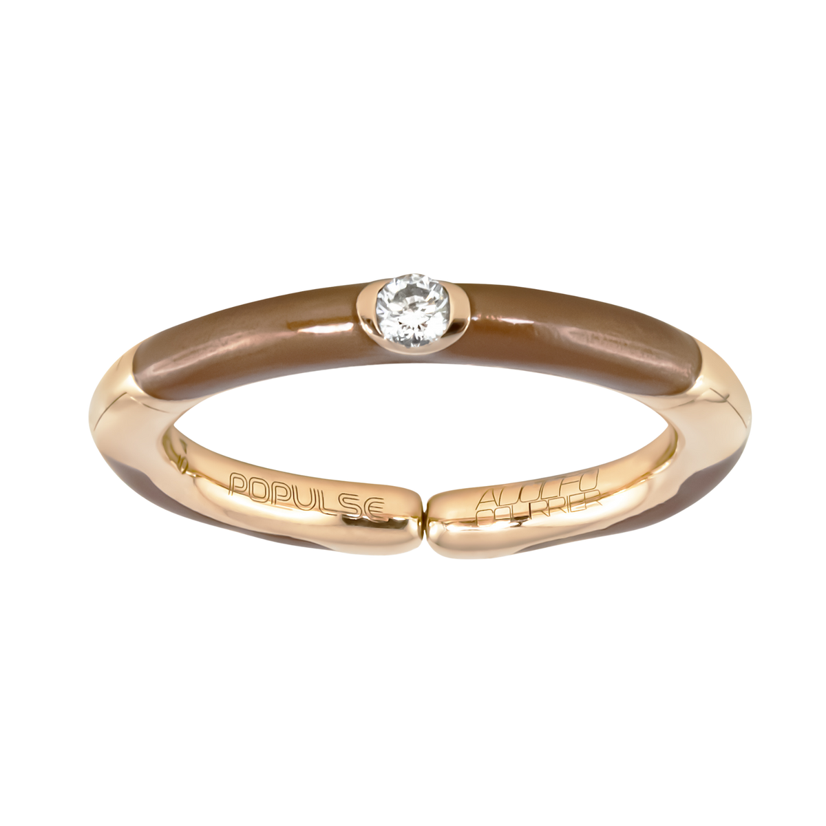 A contemporary design that combines polished 18ct yellow gold, a brilliant 0.08ct white diamond, and rich brown enamel for a bold, elegant look.