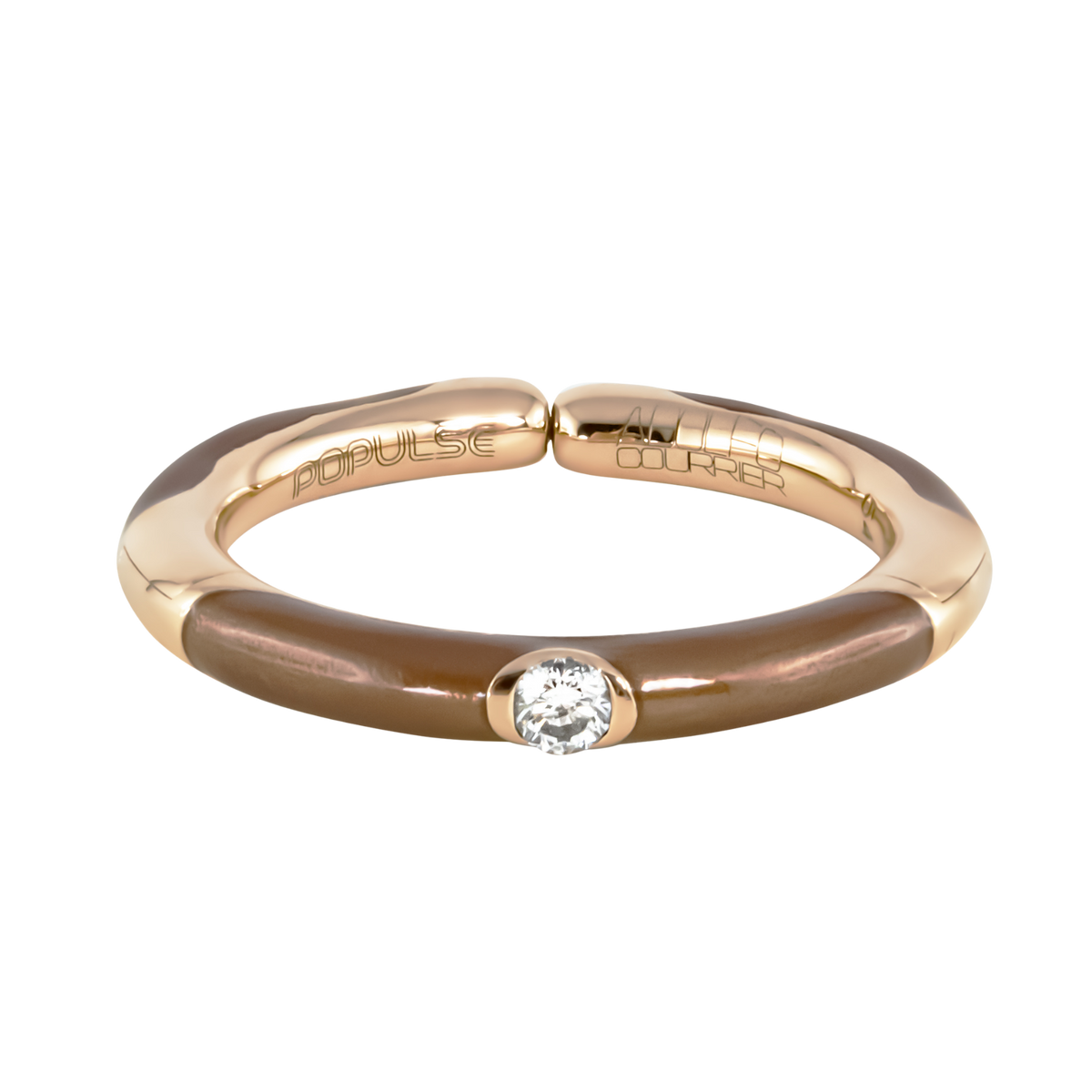 From the Populse Glam Collection, this 18ct yellow gold ring showcases a sparkling white diamond, beautifully contrasted by smooth brown enamel accents.