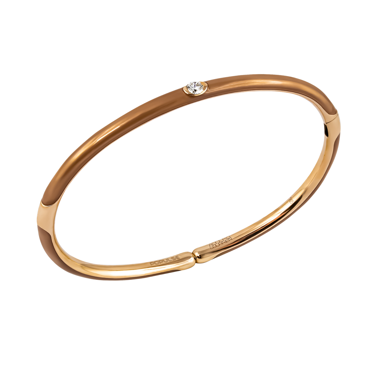 Warm tones and contemporary design come together in this 18ct yellow gold Populse Cappuccino bangle, featuring a 0.14ct brilliant round diamond and a rich partial brown enamel finish.