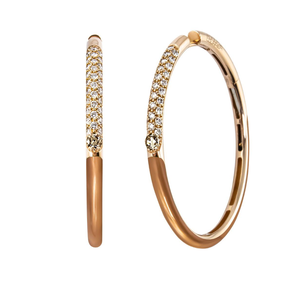 Warm, rich tones define these 18ct yellow gold Populse Cappuccino hoop earrings, featuring 0.55ct of brilliant round diamonds, accented by 0.11ct brown diamonds and finished with glossy brown enamel.