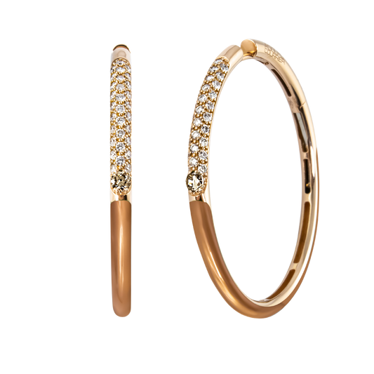 Warm, rich tones define these 18ct yellow gold Populse Cappuccino hoop earrings, featuring 0.55ct of brilliant round diamonds, accented by 0.11ct brown diamonds and finished with glossy brown enamel.