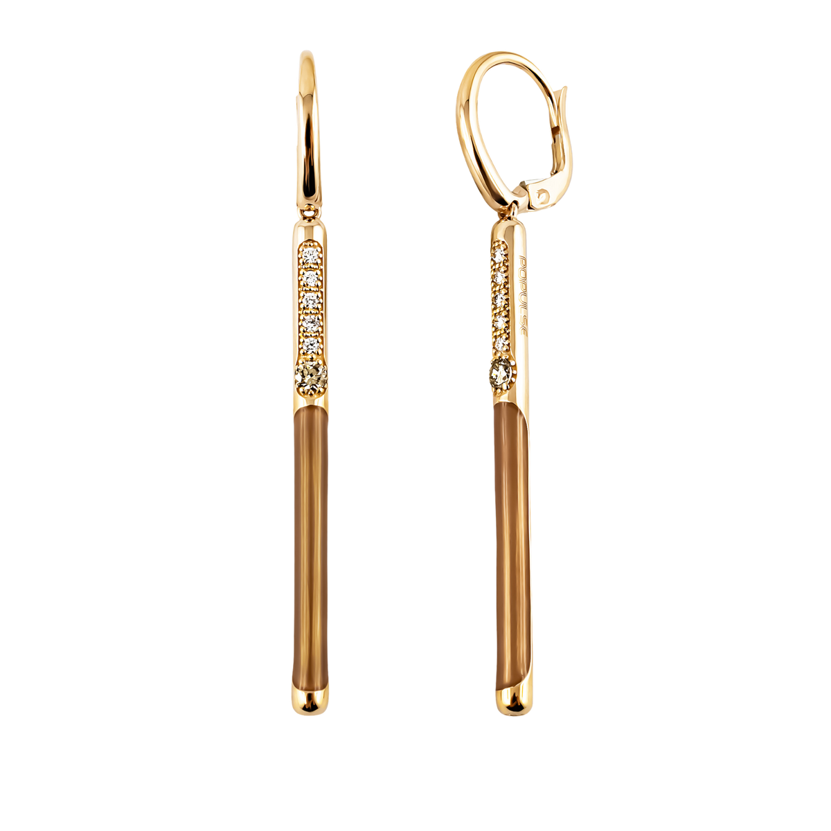 Sleek and contemporary, these 18ct yellow gold Populse Cappuccino MyLine earrings feature 0.12ct of brilliant round diamonds, accented by a warm brown diamond and finished with glossy brown enamel.