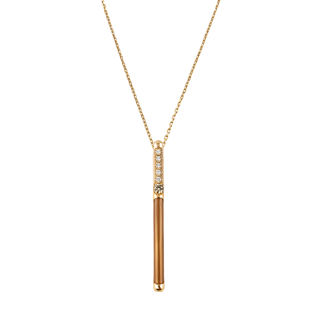 Contemporary and refined, this 18ct yellow gold MyLine pendant is suspended from a 45cm chain and features 0.05ct of brilliant round diamonds, beautifully finished with a single 0.06ct brown diamond.