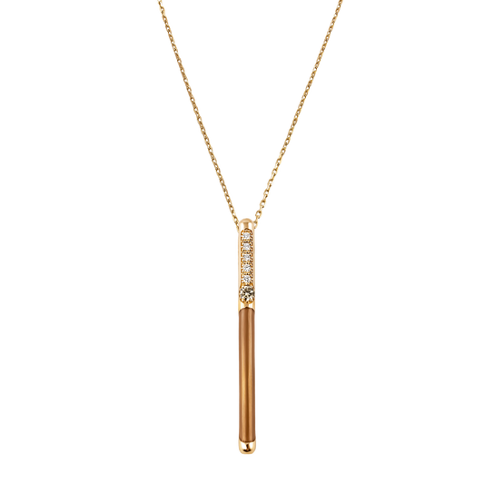 Contemporary and refined, this 18ct yellow gold MyLine pendant is suspended from a 45cm chain and features 0.05ct of brilliant round diamonds, beautifully finished with a single 0.06ct brown diamond.