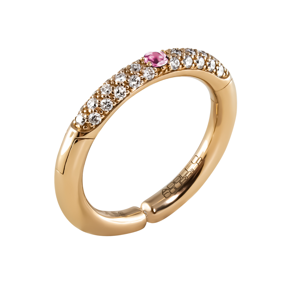 A celebration of colour and sparkle, this 18ct yellow gold Populse Confetto ring features a vibrant pink sapphire at its centre, framed by a half eternity band of 0.29ct brilliant round diamonds.